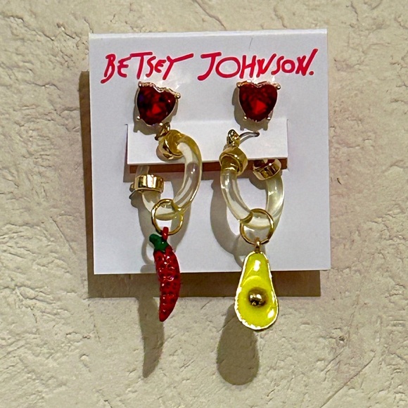 Betsey Johnson Jewelry - Betsey Johnson Mismatched Avocado & Chili Pepper Charm Huggie Earrings